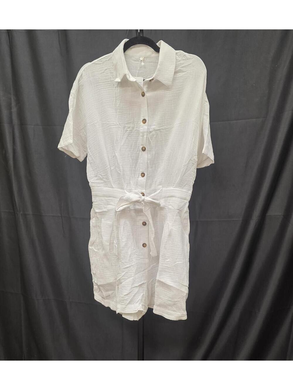 Paintcolors Women’s Short Sleeve Button Down Belted Jumpsuit White L